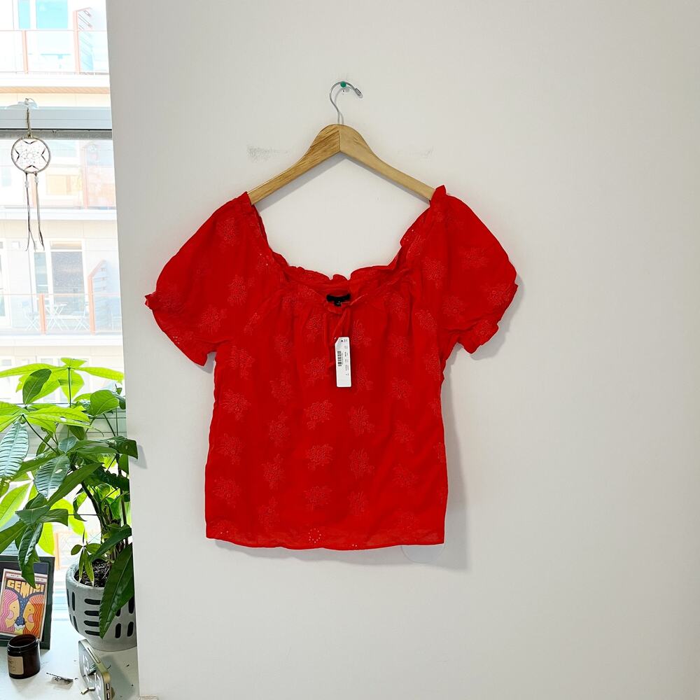 NEW J. Crew Red Embroidered Eyelet Square Neck Blouse Size Small